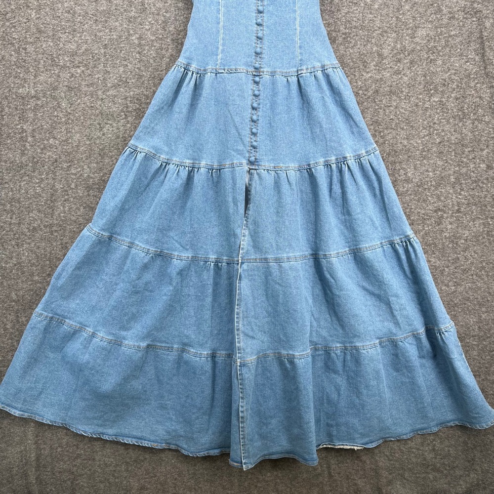 Womens Medium Wash Tiered Denim Maxi Dress O-Ring Strappy Back Blue Size M - Picture 3 of 10